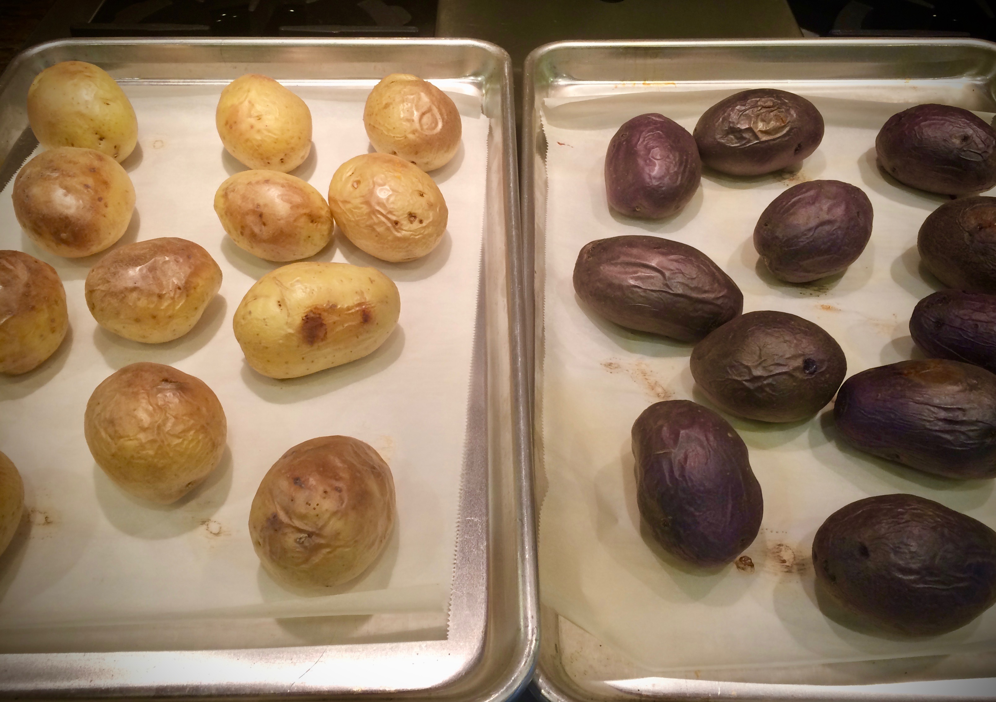 Baking gold and purple potatoes for a double batch of Vegan Loaded Baked Potato Skins