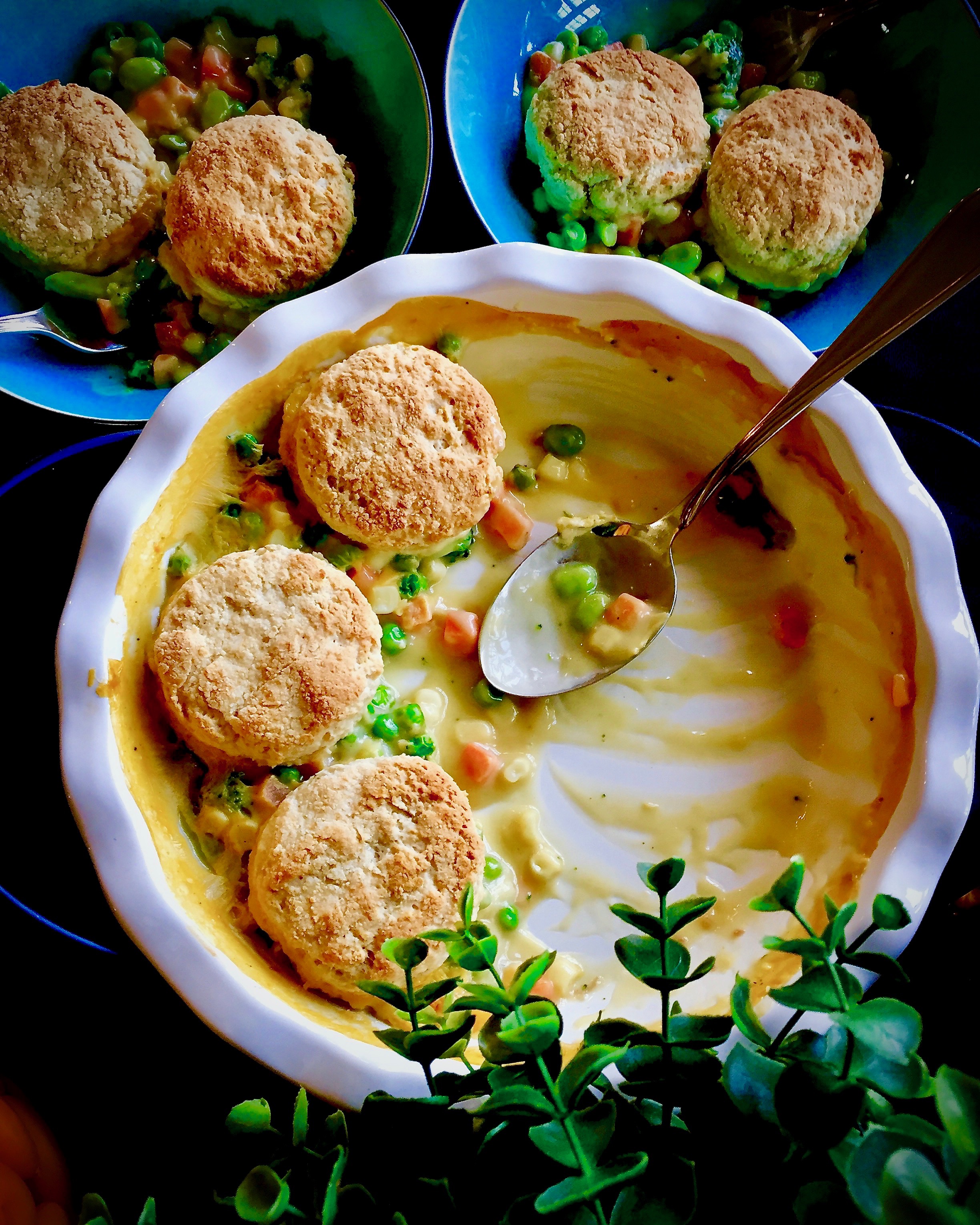 Vegetable Pot Pie topped with Vegan Sour Cream Biscuits